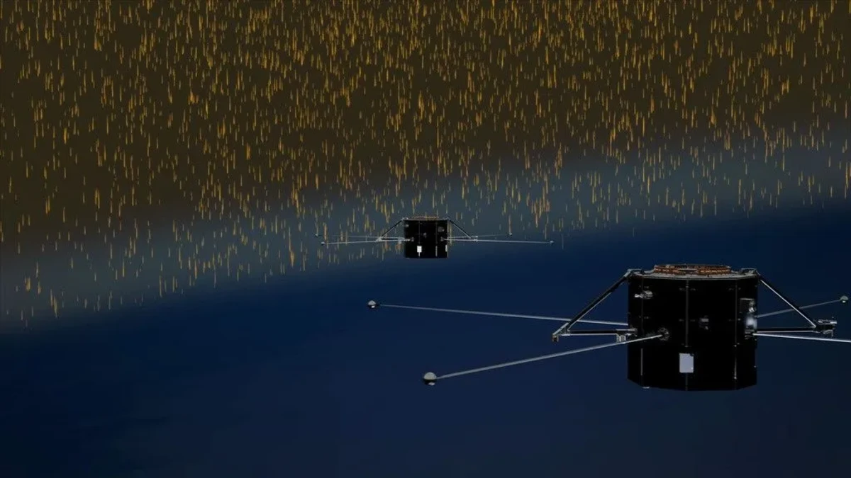 Ilustración de los satélites gemelos TRACERS de la NASA en órbita, observando la interacción entre el viento solar y la magnetosfera de la Tierra.
