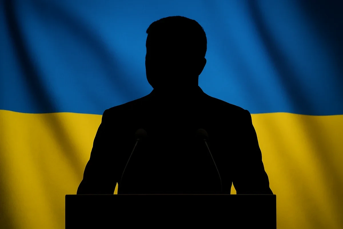 Silueta de Volodímir Zelensky en negro, con banderas de Ucrania desenfocadas al fondo, evocando un discurso solemne