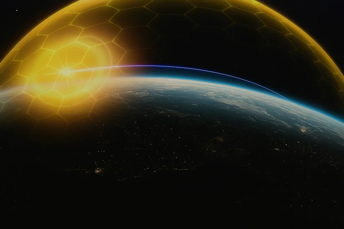 Representación artística de un escudo antimisiles global que protege la Tierra desde el espacio, con redes energéticas y fondo de tecnología espacial