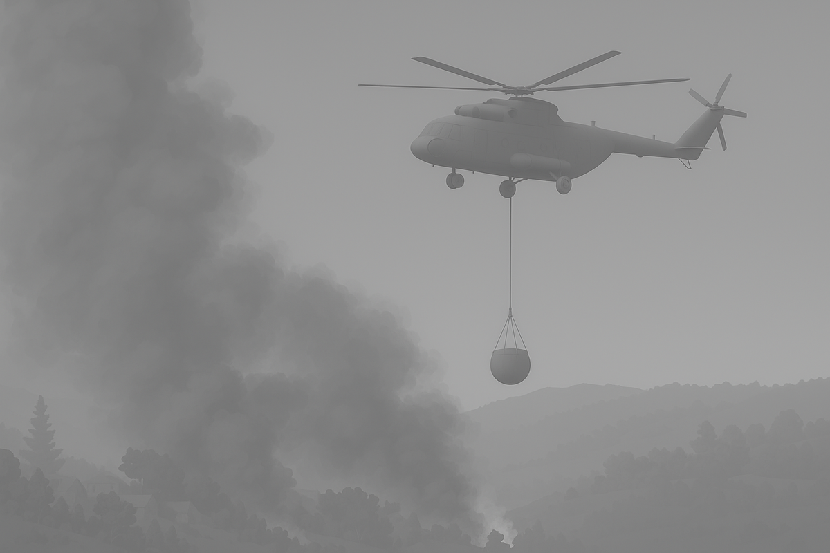 Render 3D en escala de grises de un helicóptero realizando labores de extinción sobre un incendio forestal en una zona montañosa