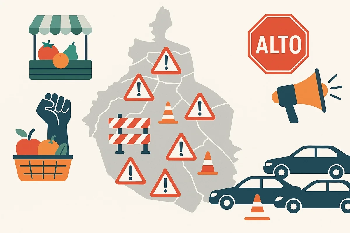 Mapa ilustrativo de la CDMX con iconos de advertencia