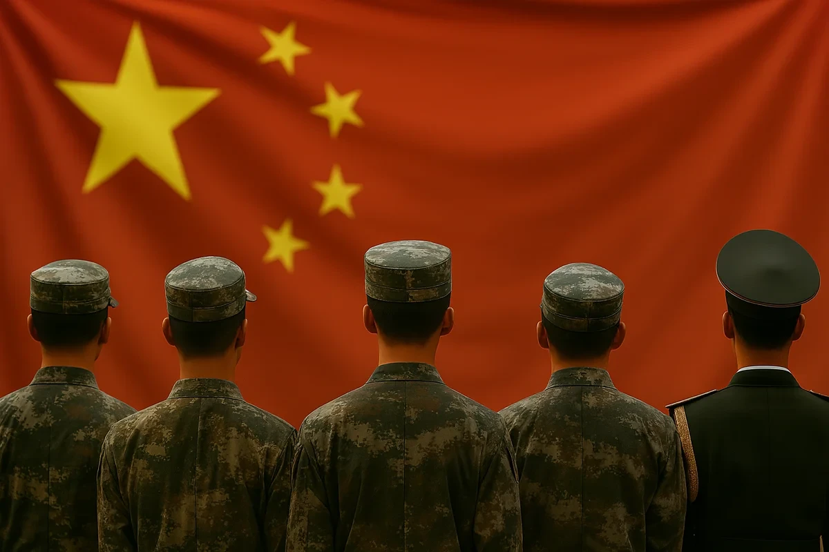 Soldados frente a la bandera de China