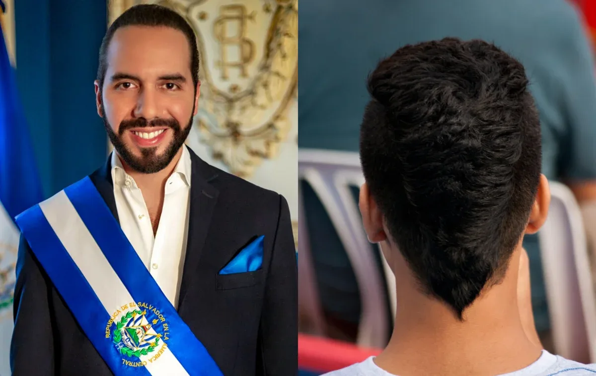 El presidente Nayib Bukele y un joven con un corte de cabello llamativo