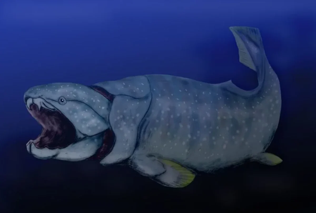 Ilustración artística del pez prehistórico Dunkleosteus, un gran depredador del Devónico Superior