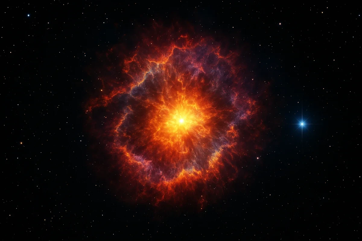 Explosión de una supernova iluminando el espacio con nubes de gas y polvo en tonos rojos y naranjas