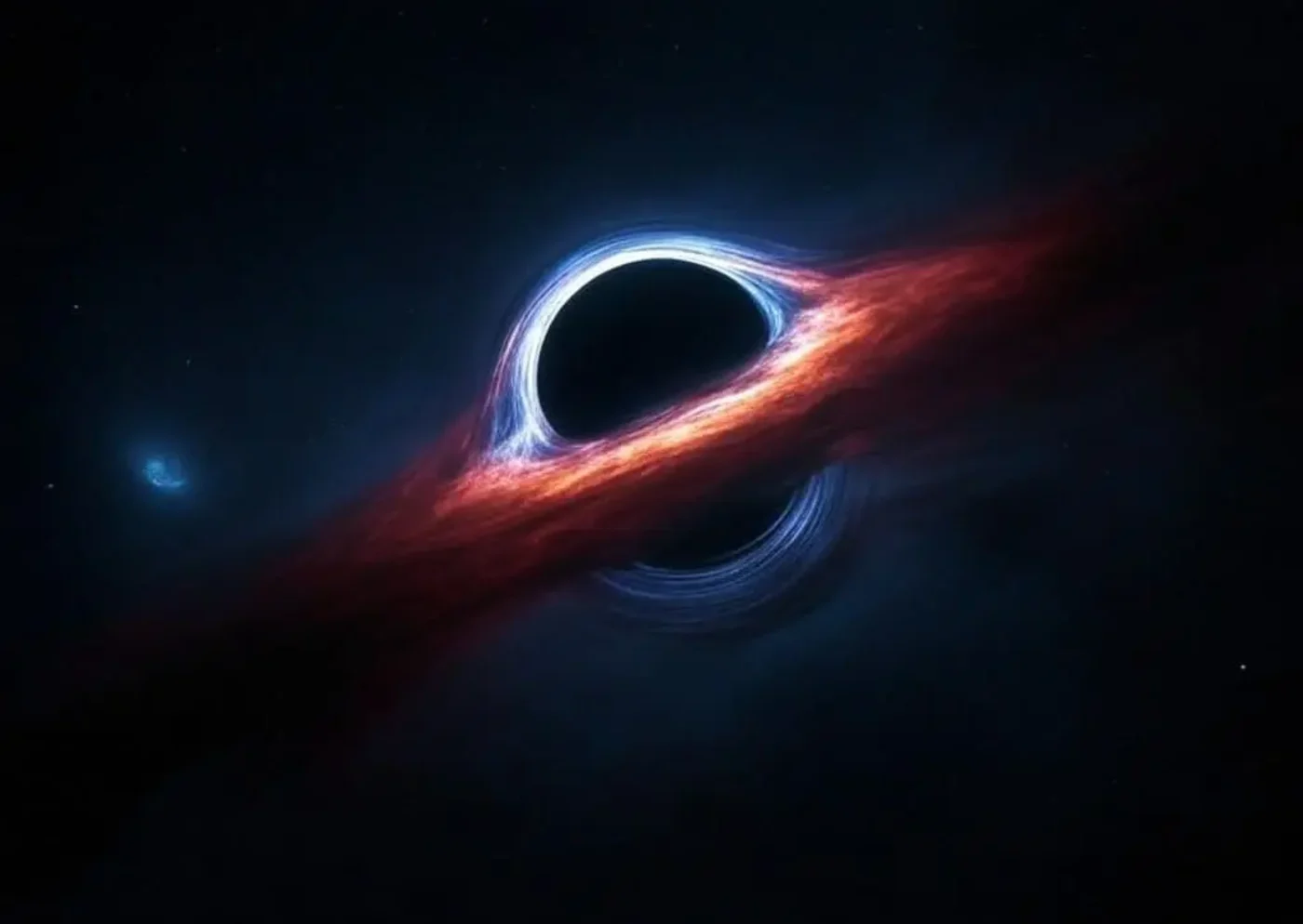 Representación de un agujero negro supermasivo, con un disco de acreción brillante y un efecto de lente gravitacional distorsionando la luz estelar.