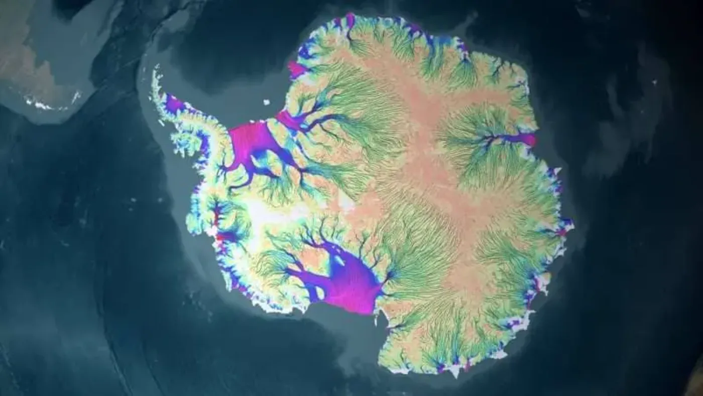 Mapa de glaciares en la Antártida basado en datos utilizados para entrenar un modelo de IA que analiza el movimiento del hielo.