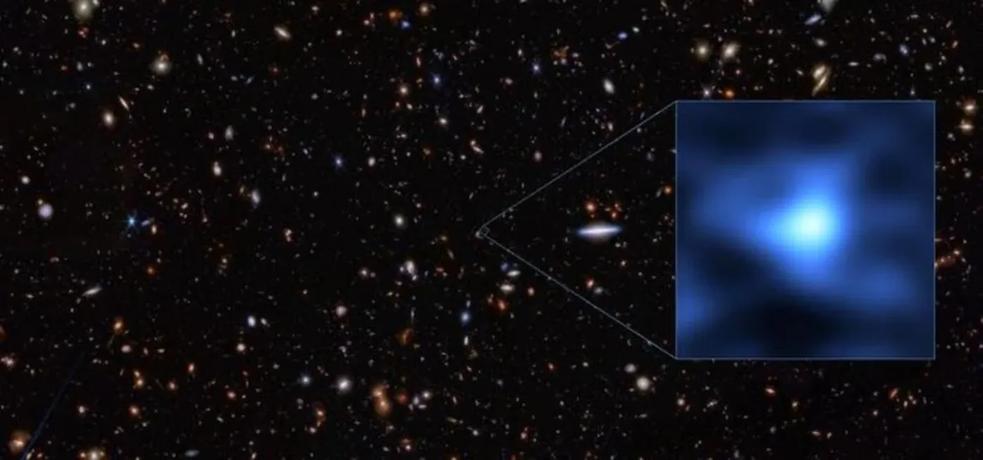 Ubicación de la galaxia JADES-GS-z14-0 en la constelación de Fornax, observada con ALMA y el Telescopio Espacial James Webb.