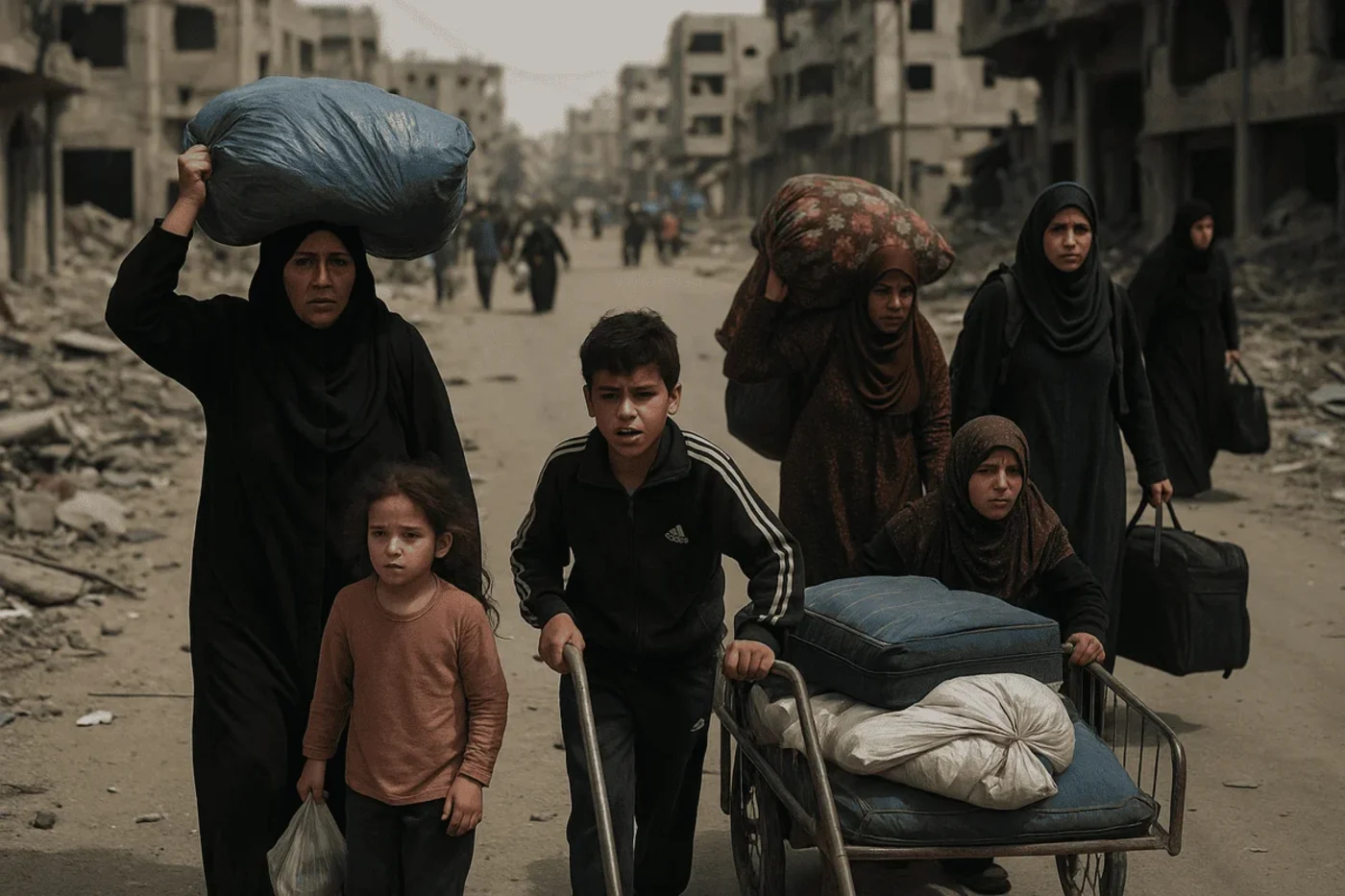 Familias palestinas desplazadas caminan por una calle destruida en Gaza