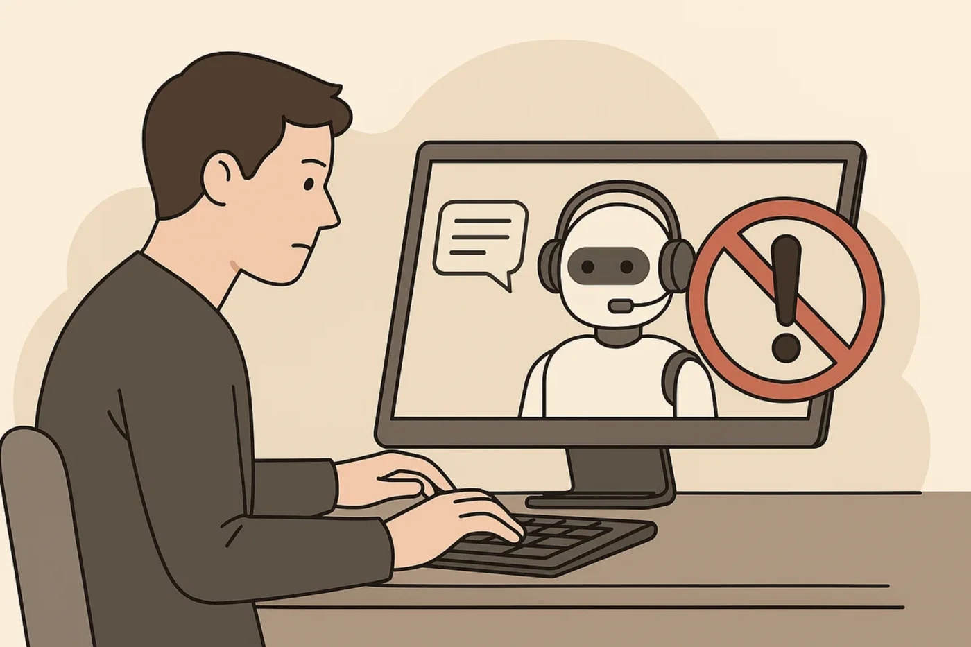 Ilustración de un hombre frente a un ordenador con un chatbot de IA y un símbolo de advertencia