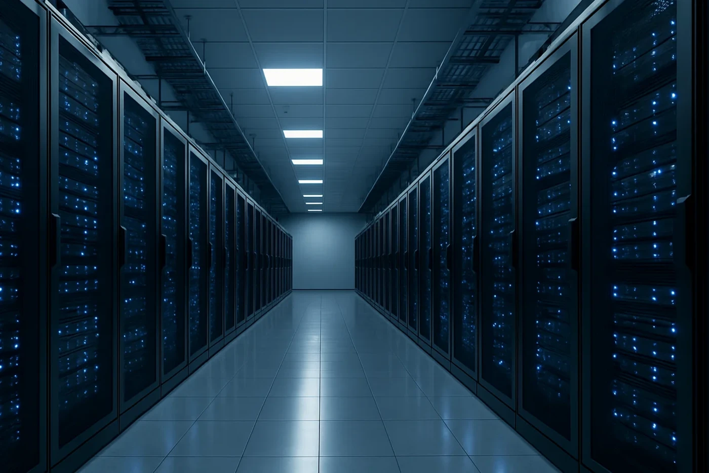 Sala de un centro de datos con filas de servidores iluminados por luces LED azules