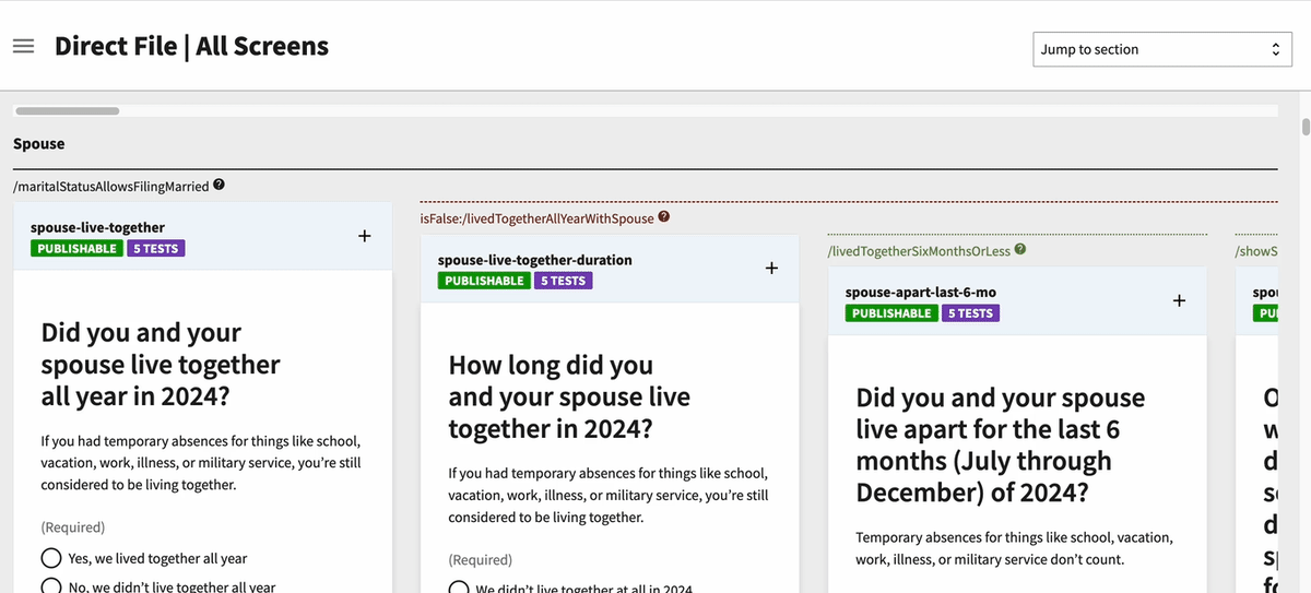 Tax software 'Spouse' section showing three panels with questions about living arrangements in 2024. Left panel asks 'Did you and your spouse live together all year in 2024?' with radio button options and '(Required)' notation. Center panel asks 'How long did you and your spouse live together in 2024?' with similar explanatory text about temporary absences. Right panel asks 'Did you and your spouse live apart for the last 6 months (July through December) of 2024?' The image is animated depicting various nested conditions under which the sections would appear