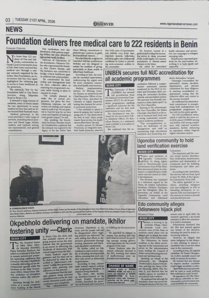 Newspaper publication acknowledging Esther Idisi Foundation outreach