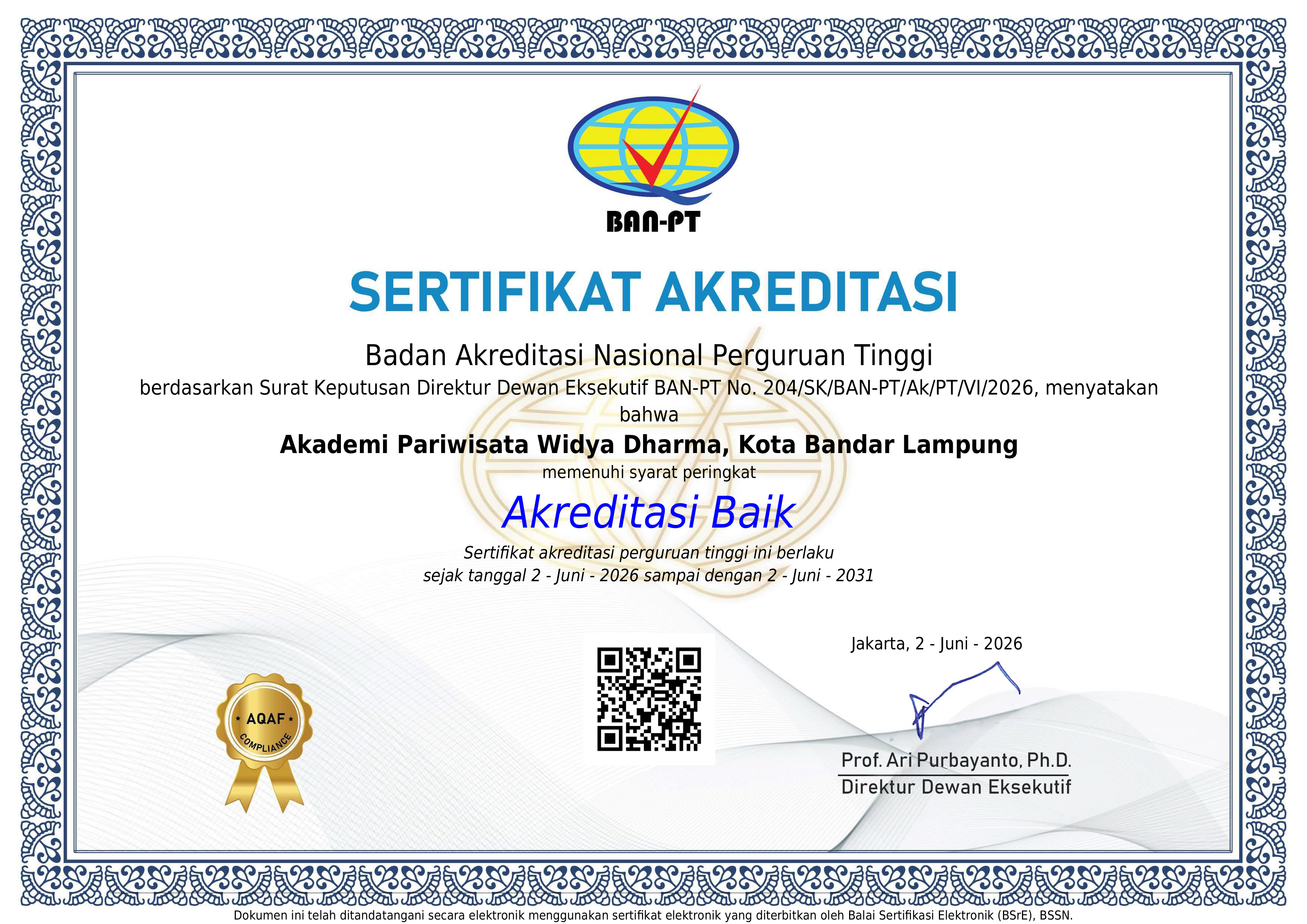 Sertifikat Akreditasi Institusi AKPAR Widya Dharma