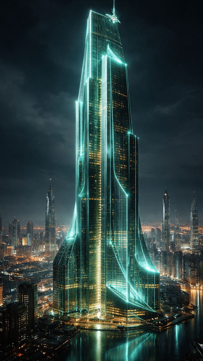 Emerald Tower in Futuristic Cityscape