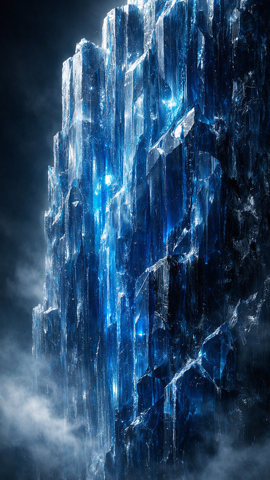 Glowing Sapphire Crystal Cliff in Mist