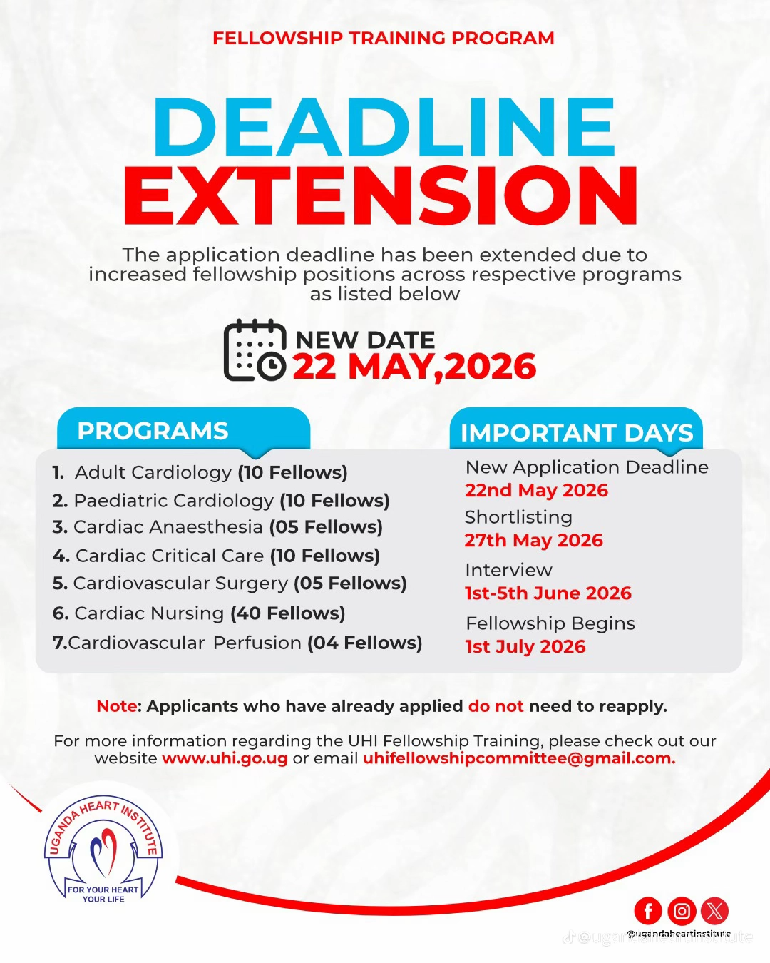 UGANDA HEART INSTITUTE (UHI) FELLOWSHIP TRAINING PROGRAM - DEADLINE EXTENSION