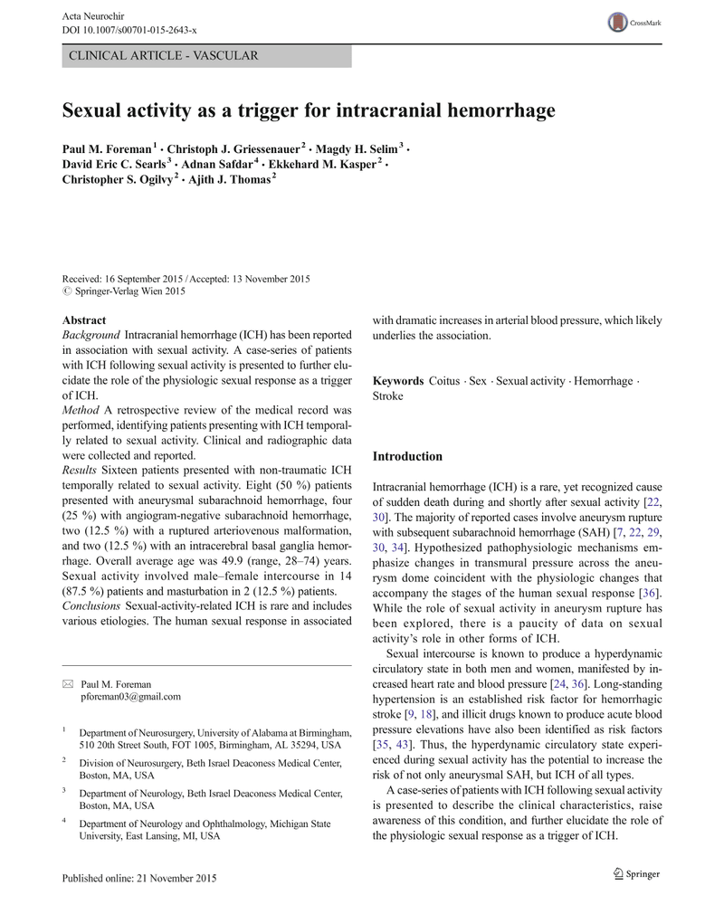 Intracranial Hemorrhage Triggered by Sexual Activity cover