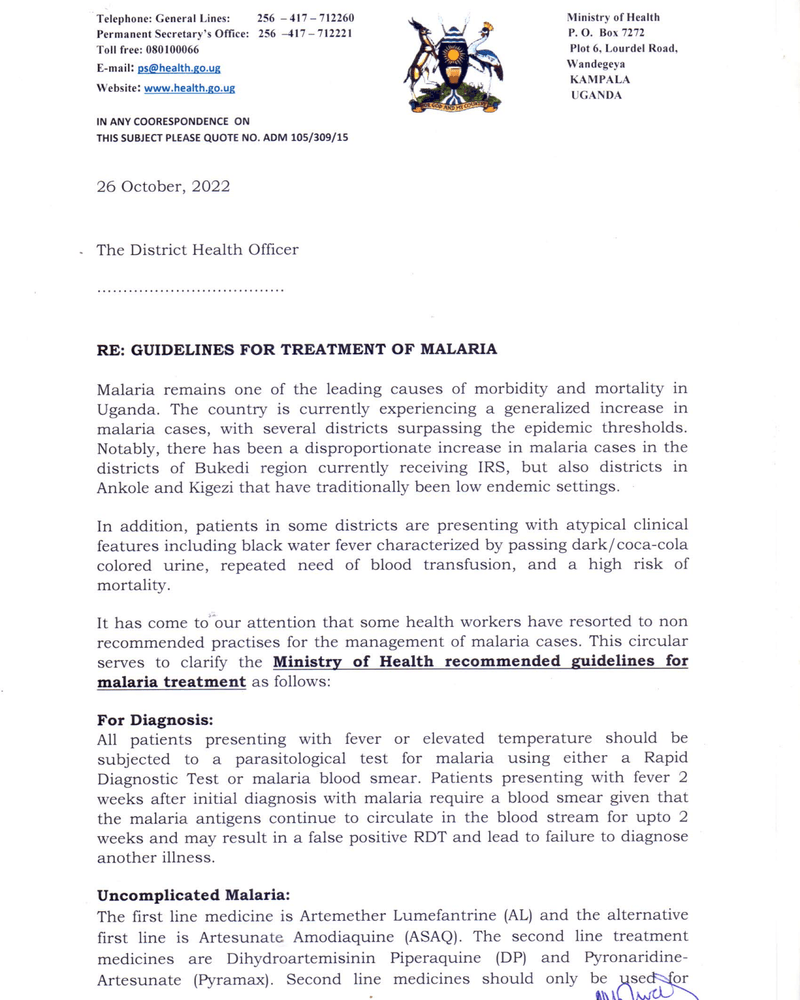 CIRCULAR ON UPDATED GUIDELINES FOR TREATMENT OF MALARIA (6) cover