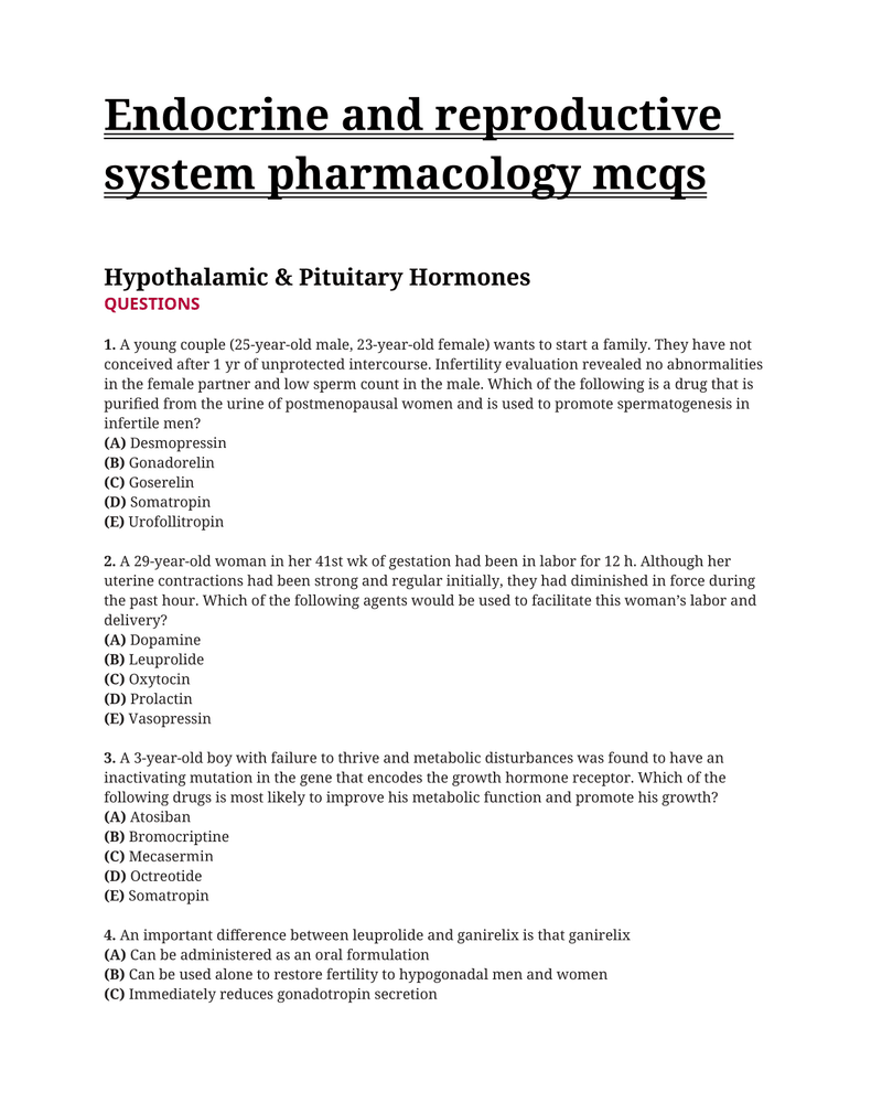 MCQs (endocrine and reproductive pharmacology katzung) cover