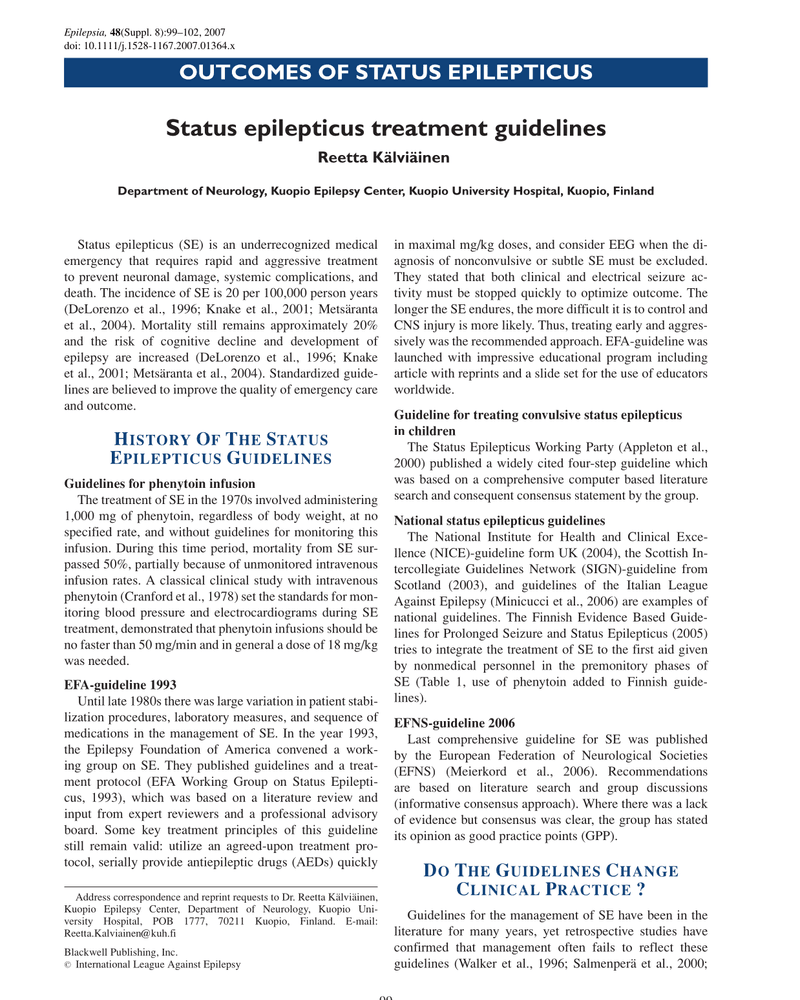 STATUS EPILEPTICUS TREATMENT GUIDELINES cover