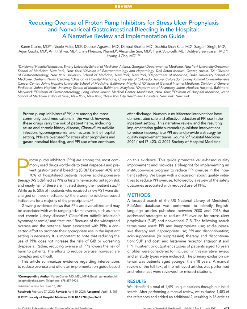 Reducing Overuse of Proton Pump Inhibitors for Stress Ulcer Prophylaxis and Nonvariceal Gastrointestinal Bleeding in the Hospital: A Narrative Review and Implementation Guide cover
