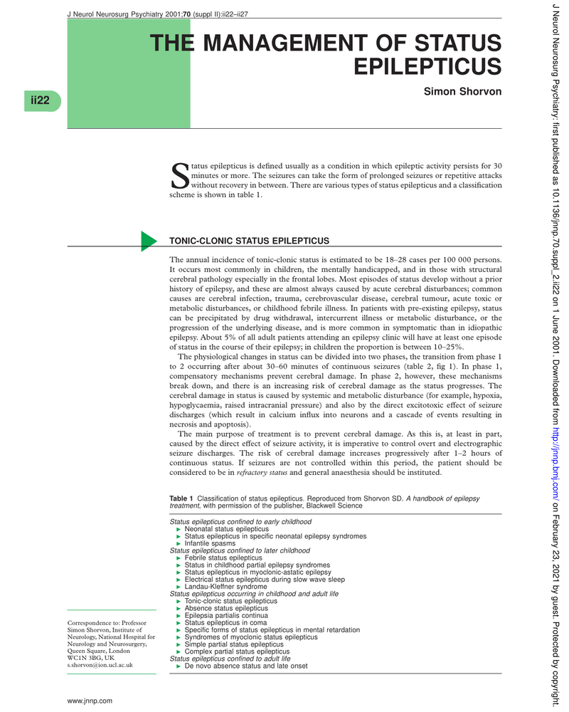 THE MANAGEMENT OF STATUS EPILEPTICUS cover