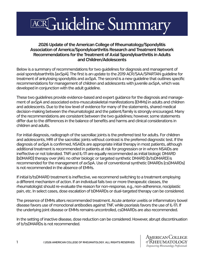 2026 Update of the American College of Rheumatology/Spondylitis Association of America/Spondyloarthritis Research and Treatment Network Recommendations for the Treatment of Axial Spondyloarthritis in Adults and Children/Adolescents cover