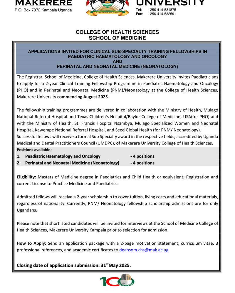 APPLICATIONS INVITED FOR CLINICAL SUB-SPECIALTY TRAINING FELLOWSHIPS IN PAEDIATRIC HAEMATOLOGY AND ONCOLOGY AND PERINATAL AND NEONATAL MEDICINE (NEONATOLOGY) cover