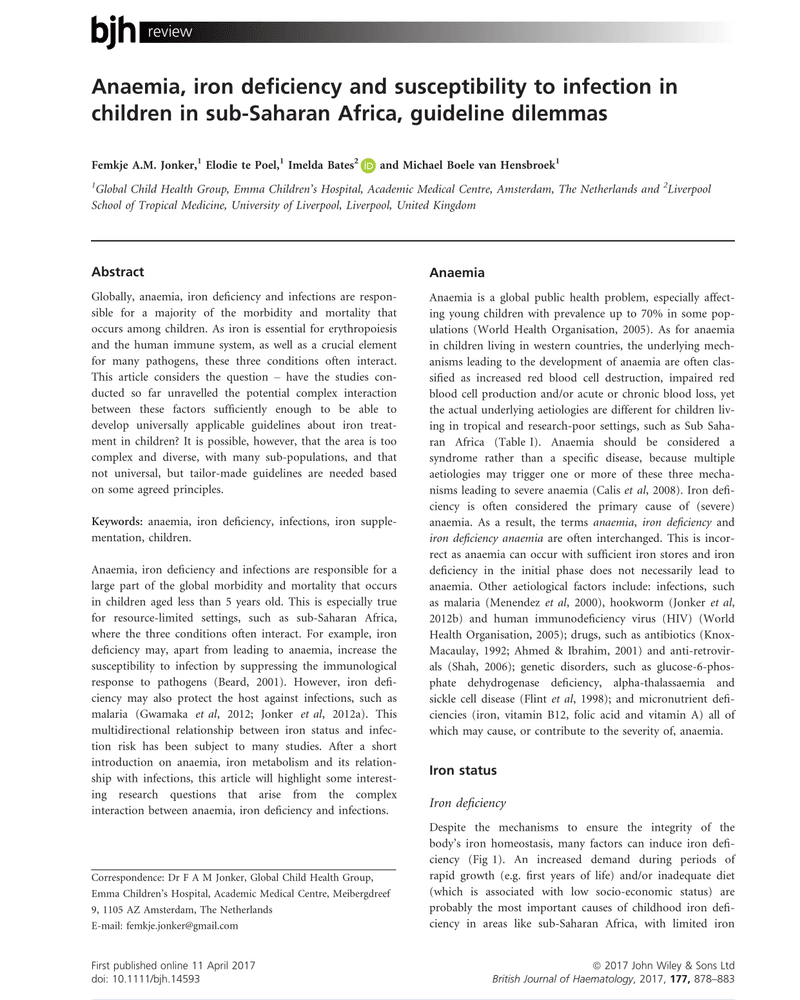 ANAEMIA, IRON DEFICIENCY AND SUSCEPTIBILITY TO INFECTION IN CHILDREN IN SUB-SAHARAN AFRICA, GUIDELINE DILEMMAS cover