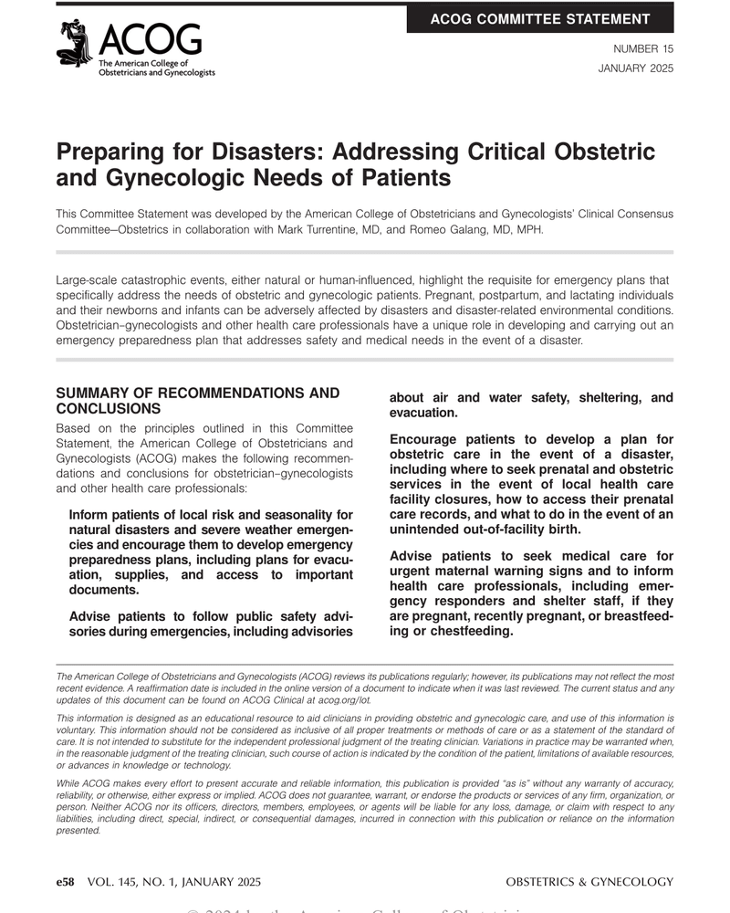 PREPARING FOR DISASTERS: ADDRESSING CRITICAL OBSTETRIC AND GYNECOLOGIC NEEDS OF PATIENTS cover