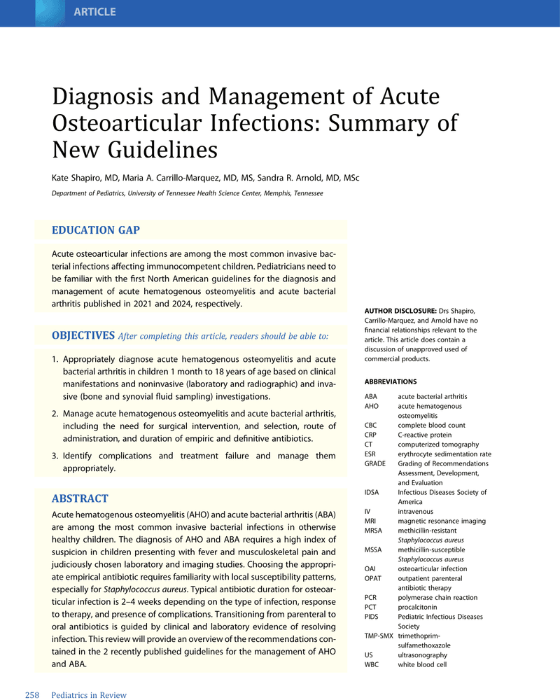 DIAGNOSIS AND MANAGEMENT OF ACUTE OSTEOARTICULAR INFECTIONS: SUMMARY OF NEW GUIDELINES cover