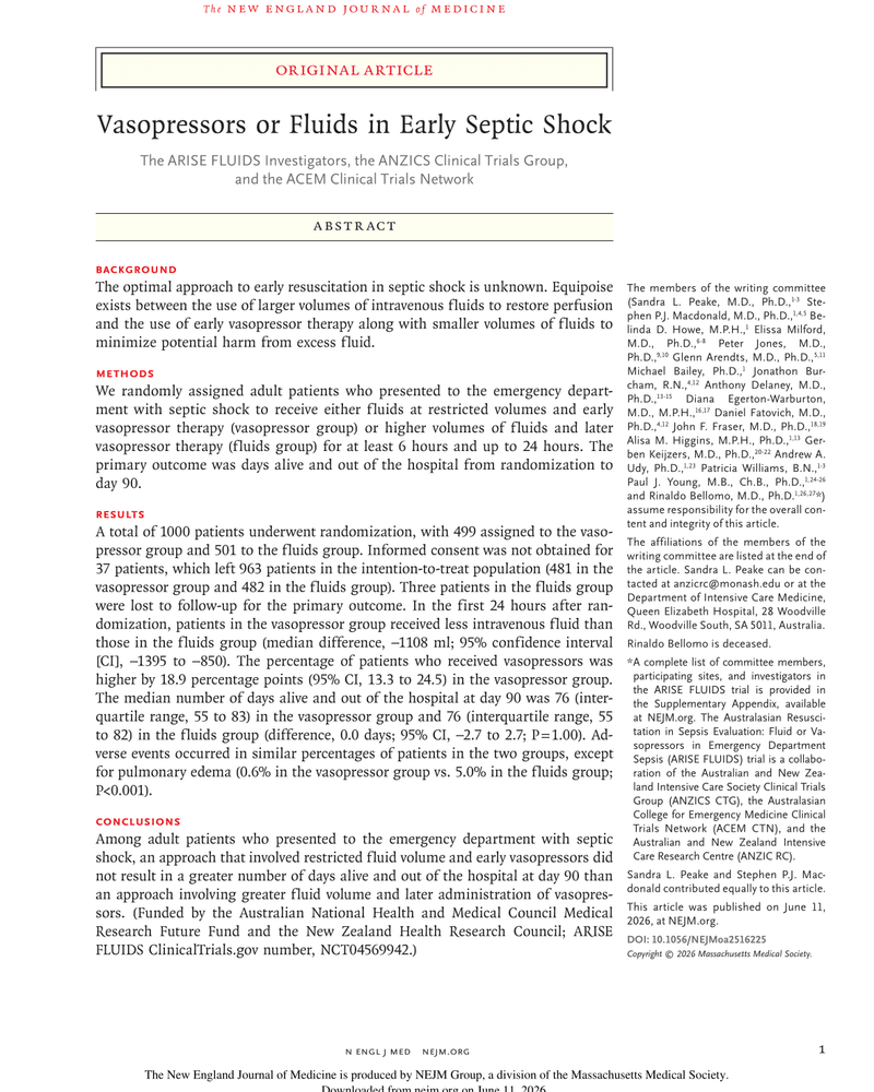 VASOPRESSORS OR FLUIDS IN EARLY SEPTIC SHOCK cover