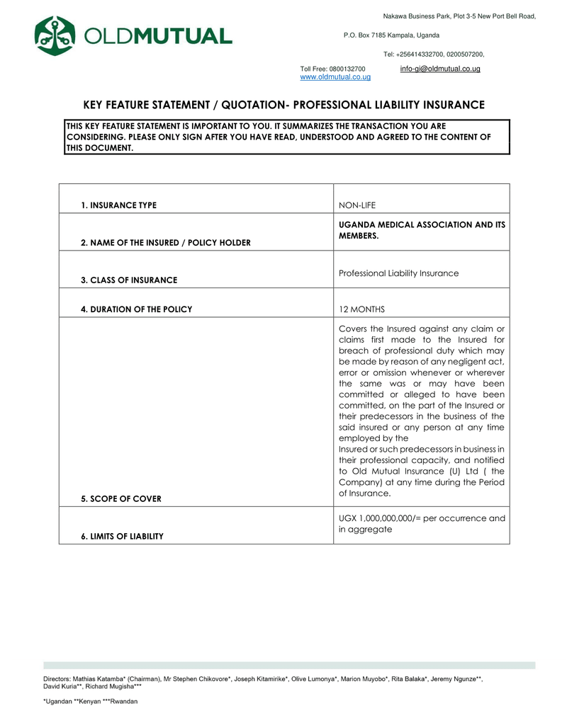 KEY FEATURE STATEMENT / QUOTATION- PROFESSIONAL LIABILITY INSURANCE cover