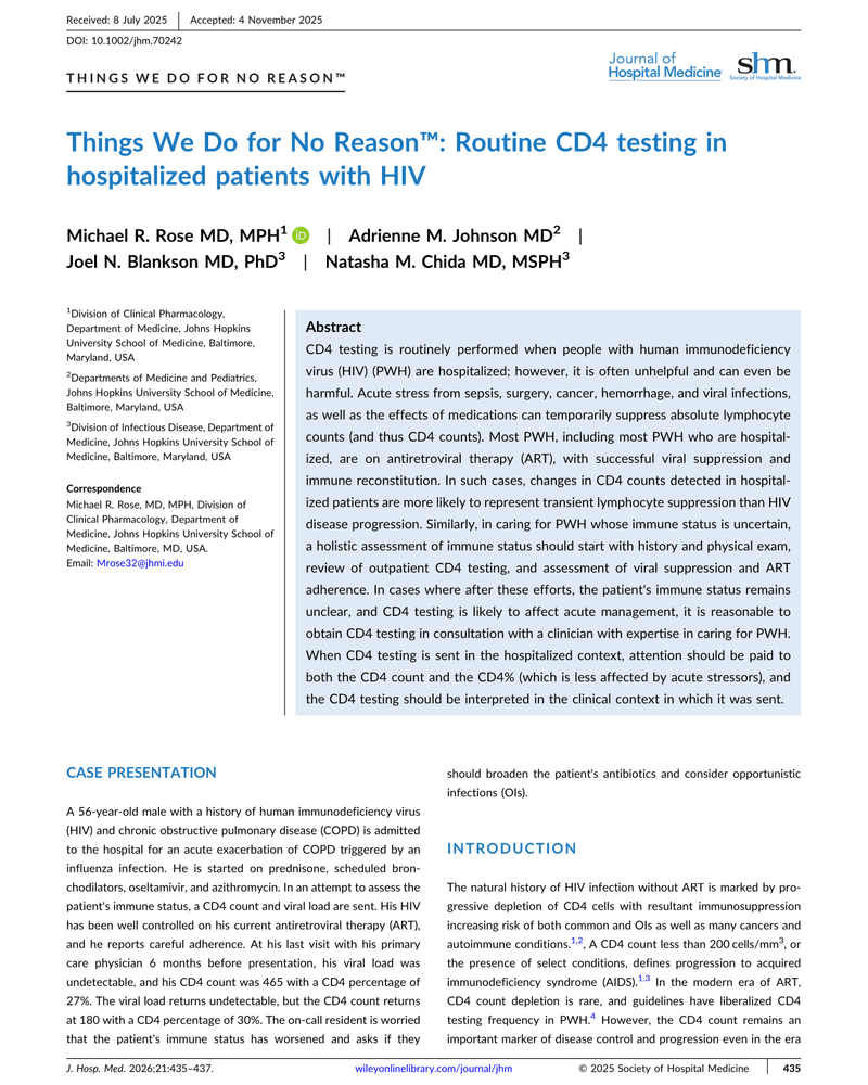 THINGS WE DO FOR NO REASON™: ROUTINE CD4 TESTING IN HOSPITALIZED PATIENTS WITH HIV cover
