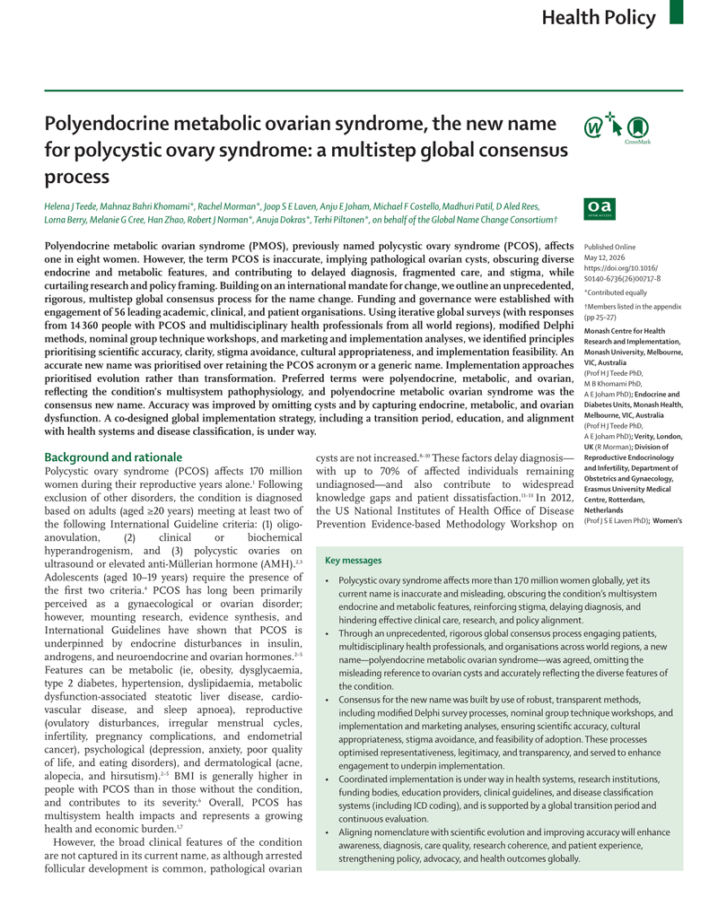 POLYENDOCRINE METABOLIC OVARIAN SYNDROME, THE NEW NAME FOR POLYCYSTIC OVARY SYNDROME: A MULTISTEP GLOBAL CONSENSUS PROCESS cover