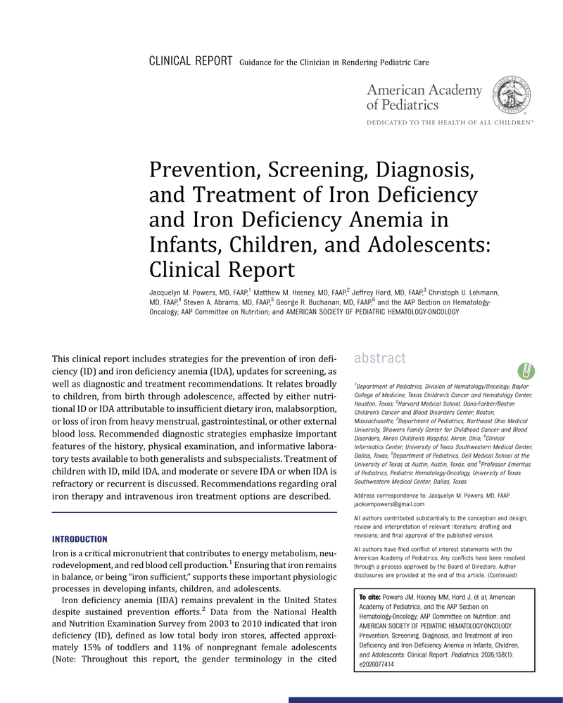Prevention, Screening, Diagnosis, and Treatment of Iron Deficiency and Iron Deficiency Anemia in Infants, Children, and Adolescents: Clinical Report cover