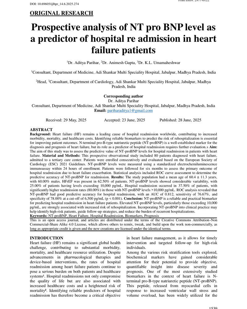 PROSPECTIVE ANALYSIS OF NT PRO BNP LEVEL AS A PREDICTOR OF HOSPITAL RE ADMISSION IN HEART FAILURE PATIENTS cover