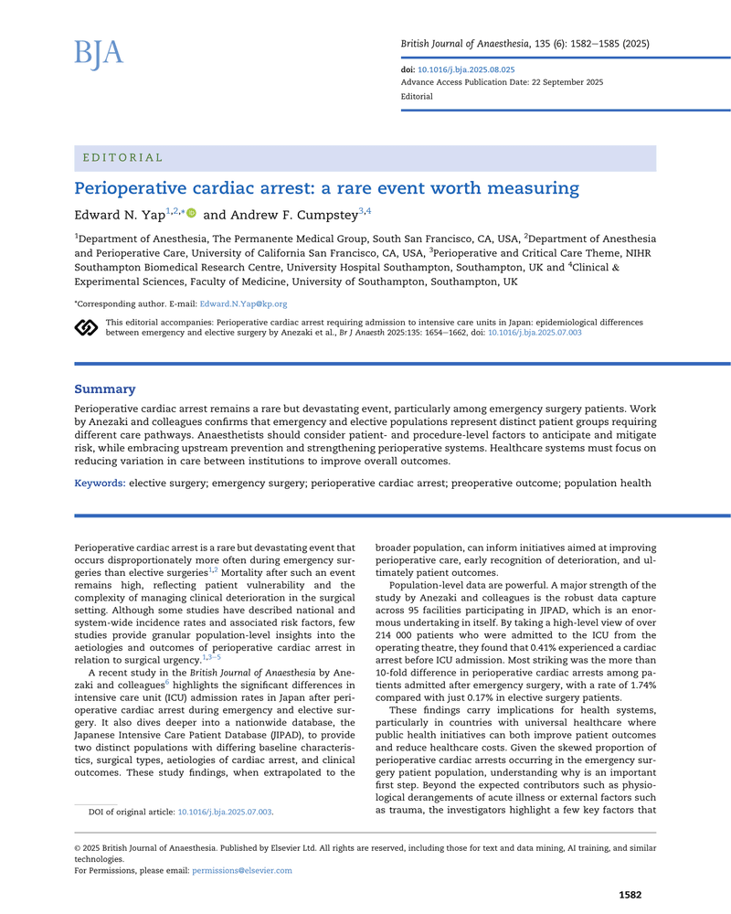 PERIOPERATIVE CARDIAC ARREST: A RARE EVENT WORTH MEASURING cover
