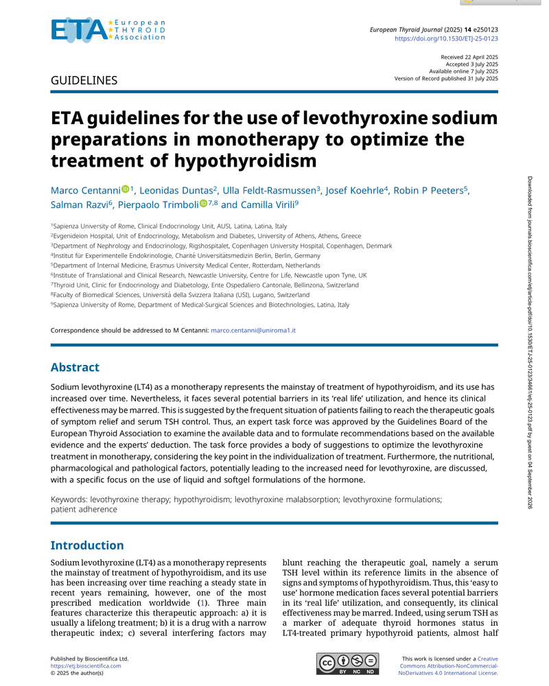 ETA GUIDELINES FOR THE USE OF LEVOTHYROXINE SODIUM PREPARATIONS IN MONOTHERAPY TO OPTIMIZE THE TREATMENT OF HYPOTHYROIDISM cover