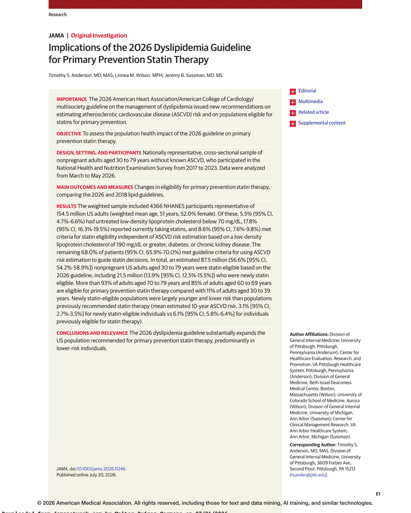 IMPLICATIONS OF THE 2026 DYSLIPIDEMIA GUIDELINE FOR PRIMARY PREVENTION STATIN THERAPY cover