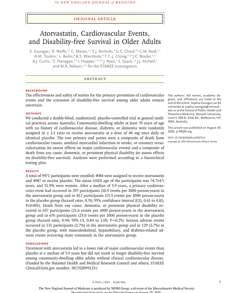 ATORVASTATIN, CARDIOVASCULAR EVENTS, AND DISABILITY-FREE SURVIVAL IN OLDER ADULTS cover