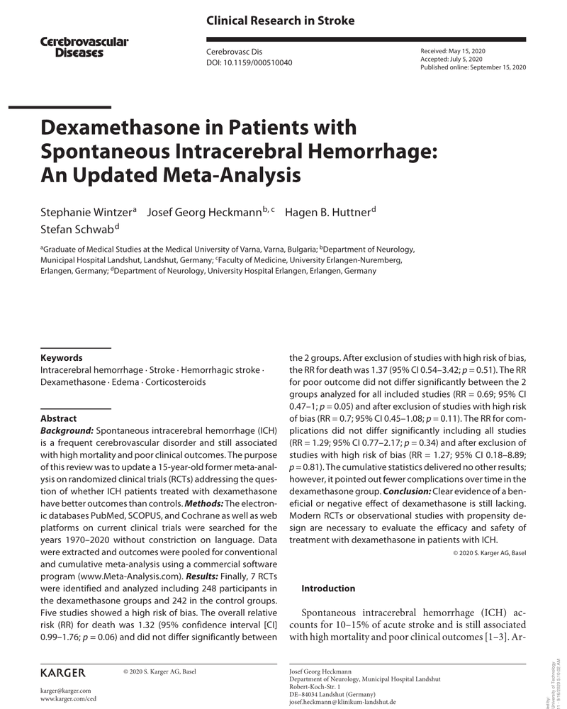 DEXAMETHASONE IN PATIENTS WITH SPONTANEOUS INTRACEREBRAL HEMORRHAGE: AN UPDATED META-ANALYSIS cover
