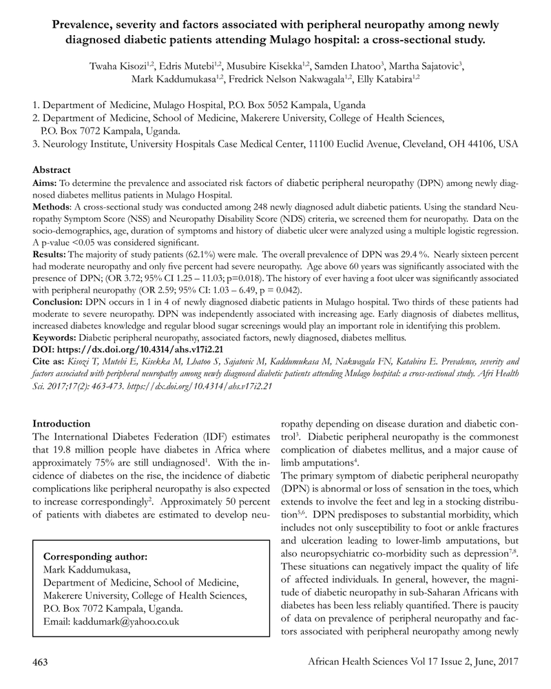 PREVALENCE, SEVERITY AND FACTORS ASSOCIATED WITH PERIPHERAL NEUROPATHY AMONG NEWLY DIAGNOSED DIABETIC PATIENTS ATTENDING MULAGO HOSPITAL: A CROSS-SECTIONAL STUDY cover