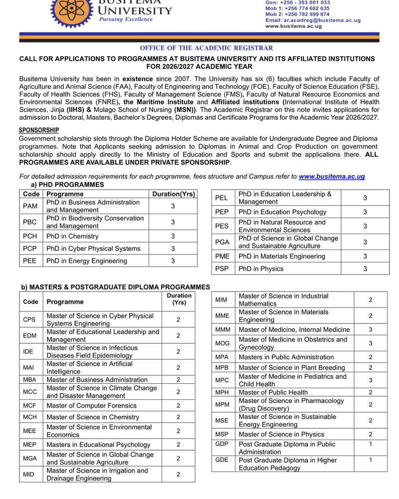 CALL FOR APPLICATIONS TO PROGRAMMES AT BUSITEMA UNIVERSITY AND ITS AFFILIATED INSTITUTIONS FOR 2026/2027 ACADEMIC YEAR cover
