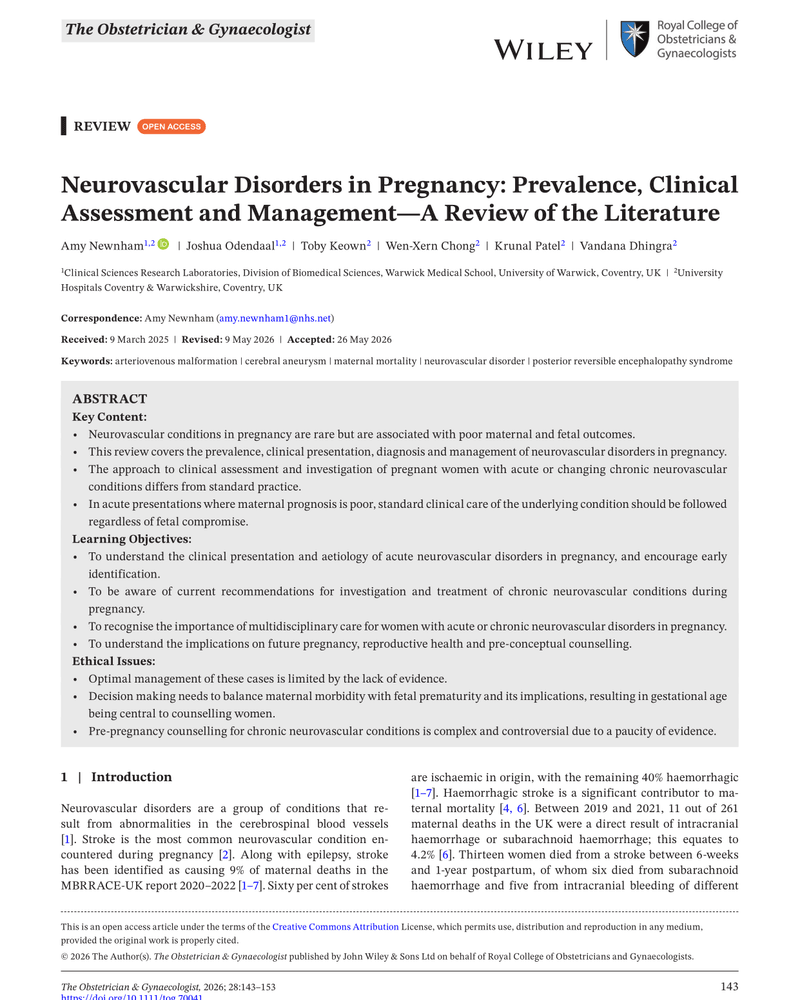 NEUROVASCULAR DISORDERS IN PREGNANCY: PREVALENCE, CLINICAL ASSESSMENT AND MANAGEMENT—A REVIEW OF THE LITERATURE cover