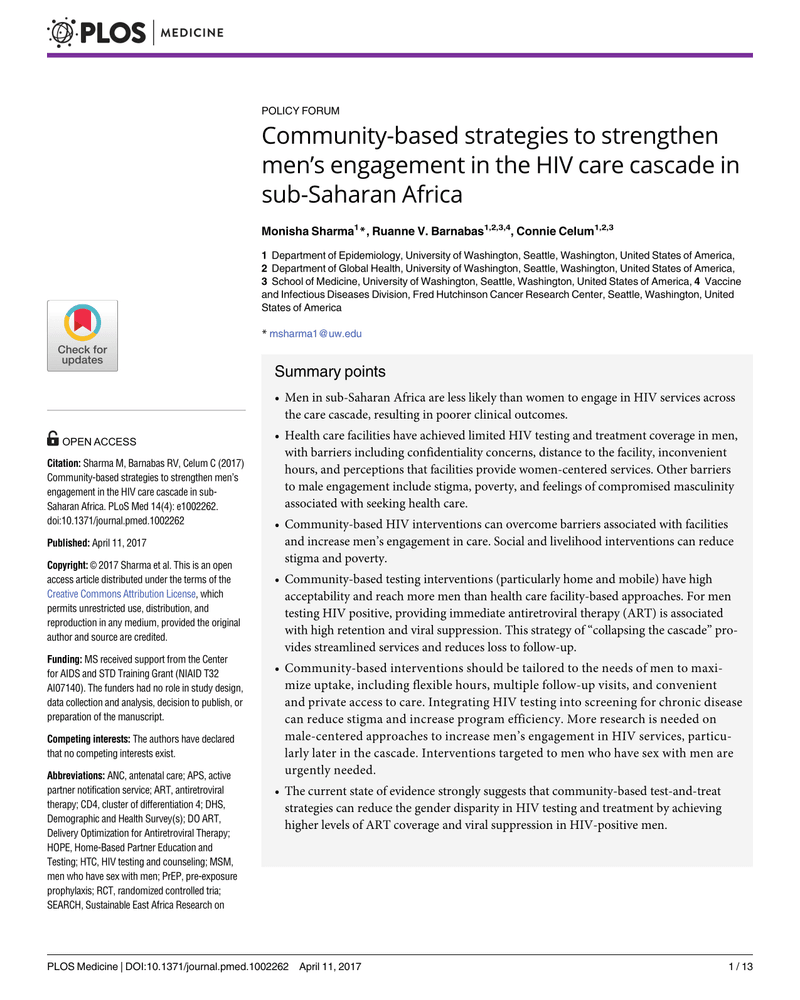 COMMUNITY-BASED STRATEGIES TO STRENGTHEN MEN'S ENGAGEMENT IN THE HIV CARE CASCADE IN SUB-SAHARAN AFRICA cover