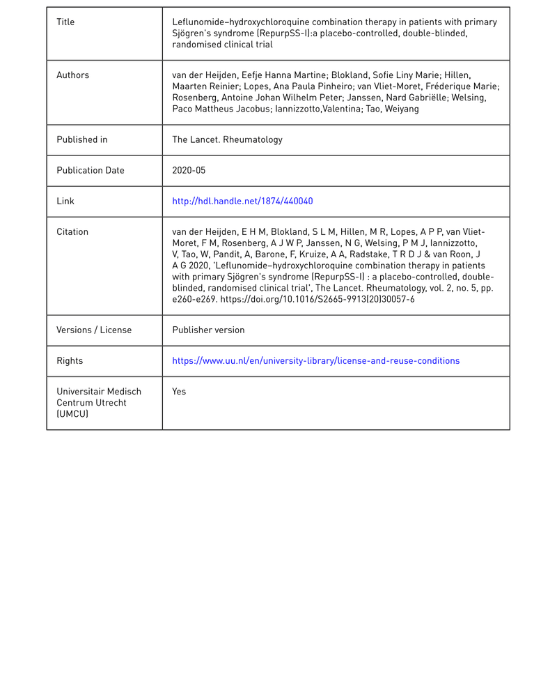 LEFLUNOMIDE-HYDROXYCHLOROQUINE COMBINATION THERAPY IN PATIENTS WITH PRIMARY SJÖGREN'S SYNDROME (REPURPSS-I): A PLACEBO-CONTROLLED, DOUBLE-BLINDED, RANDOMISED CLINICAL TRIAL cover
