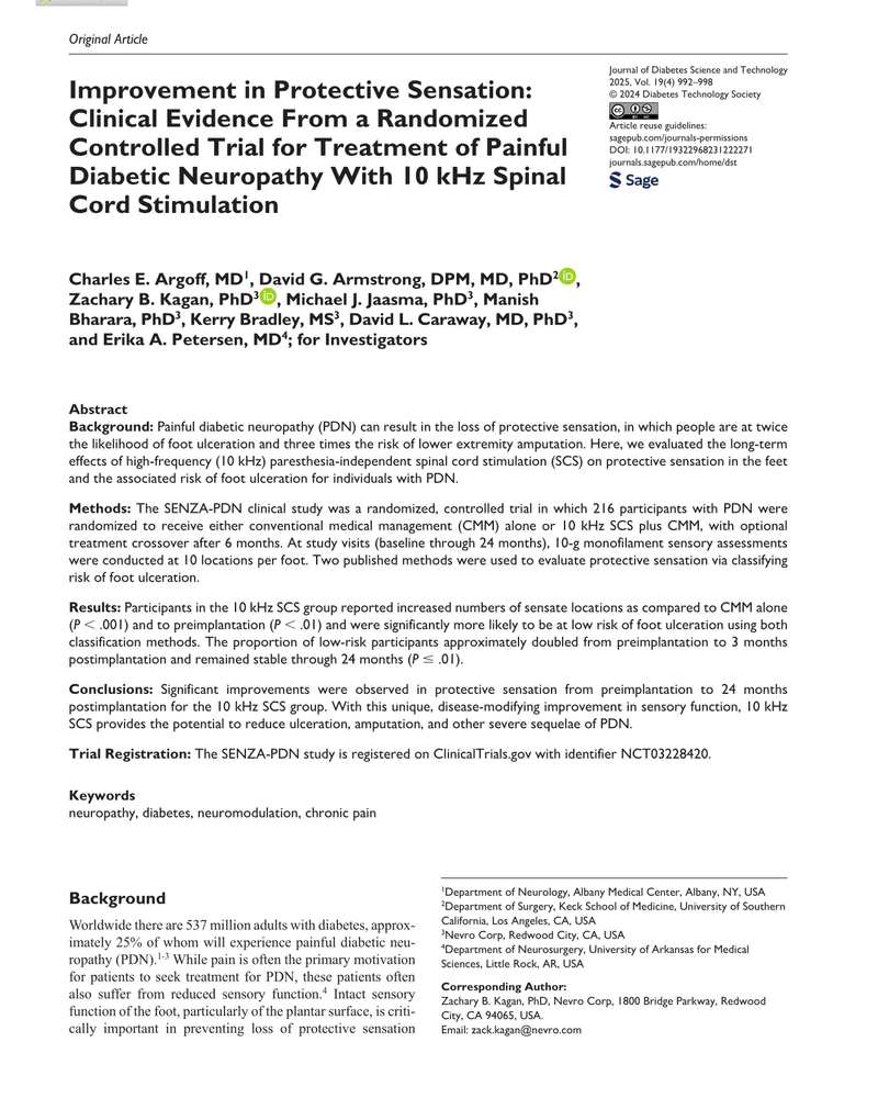 Improvement in Protective Sensation: Clinical Evidence From a Randomized Controlled Trial for Treatment of Painful Diabetic Neuropathy With 10 kHz Spinal Cord Stimulation cover