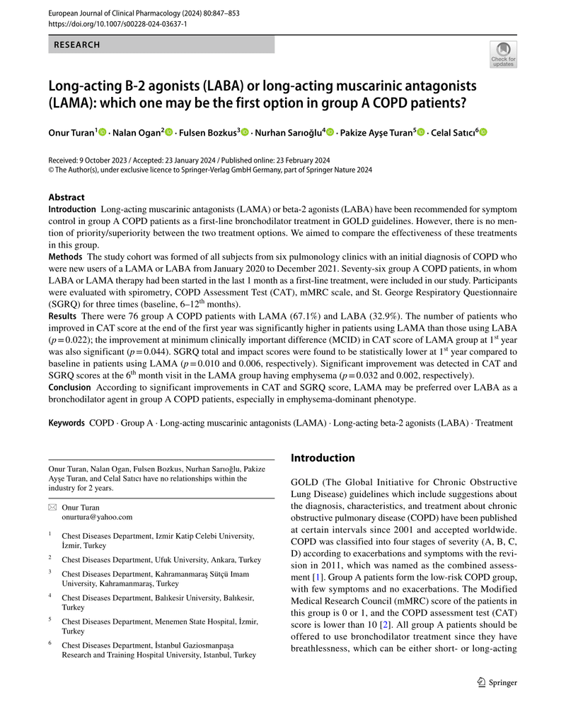 LONG-ACTING B-2 AGONISTS (LABA) OR LONG-ACTING MUSCARINIC ANTAGONISTS (LAMA): WHICH ONE MAY BE THE FIRST OPTION IN GROUP A COPD PATIENTS? cover